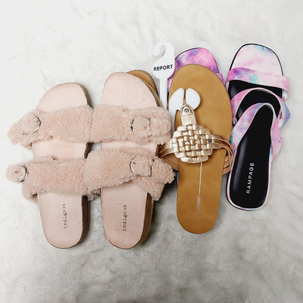 New Bundle of 3 Rampage /Report/ Indigo Gold/Pink/Purple Slip On Sandal S229